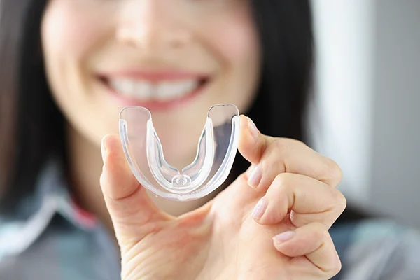 Close up of a simple mouthguard being held up by an excited woman.