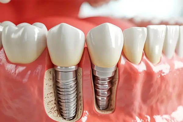 Close-up of a dental model showing two dental implants with artificial crowns placed in the gum, illustrating dental implant structure and placement.