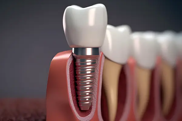 A single dental implant within the jawbone, surrounded by natural teeth, demonstrating a seamless tooth replacement. 