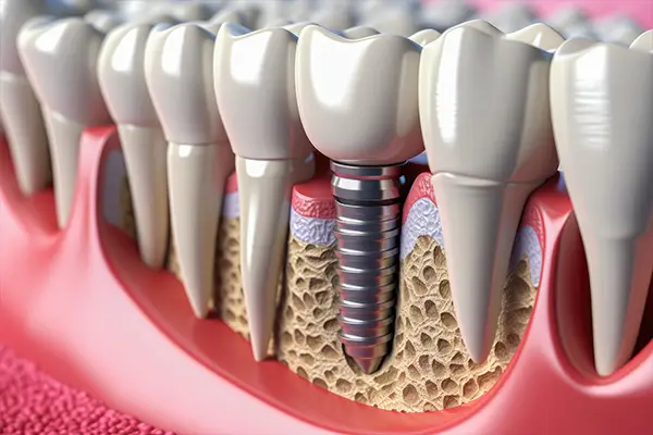 A dental implant integrated into the jaw through bone integration for long term dental implant stability.