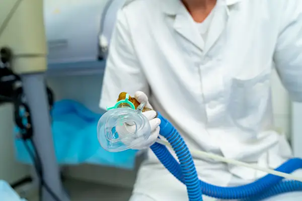 Wall-mounted nitrous oxide and oxygen outlets used for sedation dentistry in a dental office. 